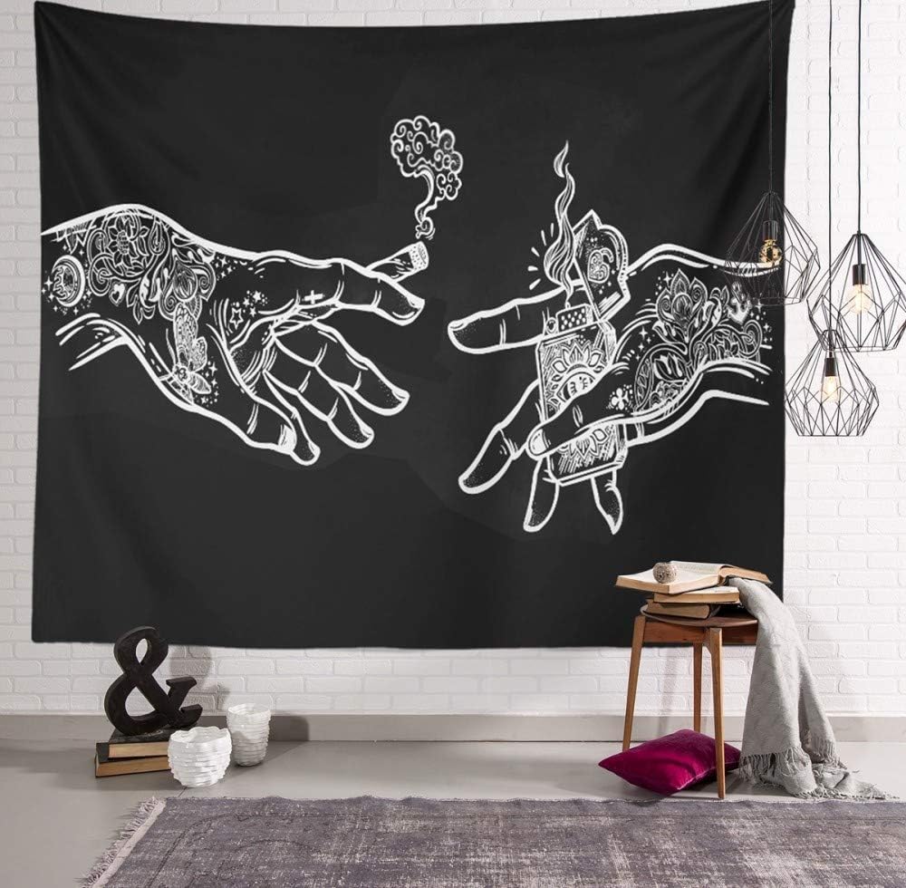 Czarno-biały gobelin ścienny z kwiatowym odciskiem dłoni, 200 x 150 cm, wesoły, psychodeliczny, hipisowski, boho, nowatorski, tkanina z nadrukiem, ar - 2