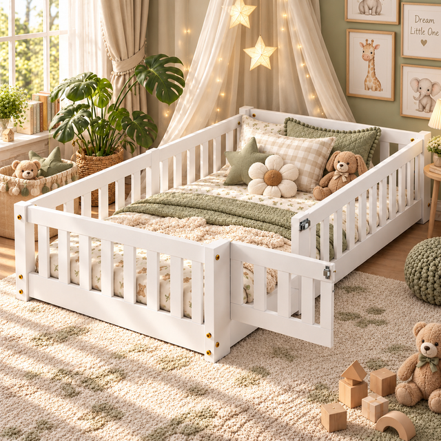Cama al Suelo Infantil 90x190cm, Cama Infantil con Barrera y Puerta, Pino Macizo, Cama Montessori Cama para Bebés para Niños y Niñas, Blanco