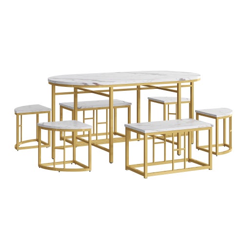Table à Manger 6 Personnes Avec 6 Chaises - 140x70x76 Cm - Plateau Marbré, Structure Métal Doré - MDF Et Velours