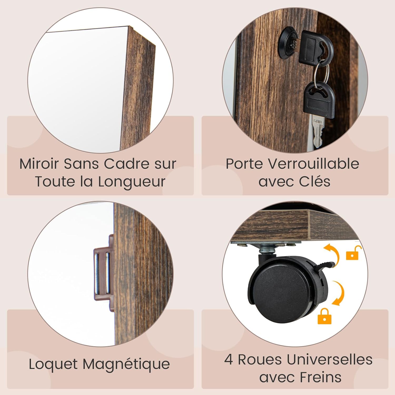 Armoire à Bijoux sur Pieds Mobile avec Miroir Psyché sans Cadre, Lumières LED et Miroir de Maquillage Intégré, Verrouillable, Café - 7