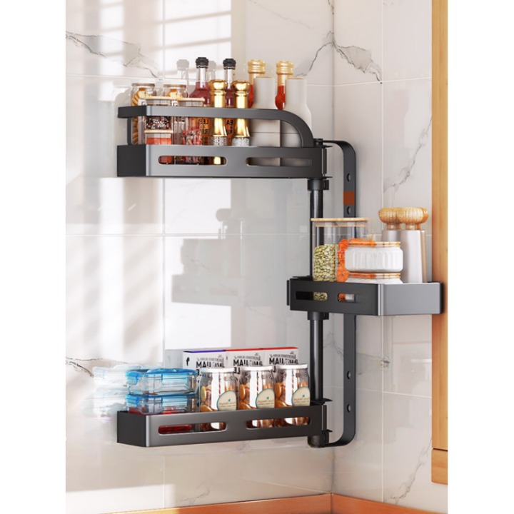 BMOSU Mensola Angolare Da Cucina 3 Ripiani – Organizer Da Banco Regolabile Con Ganci – Per Spezie, Barattoli, Bagno – Colore Nero