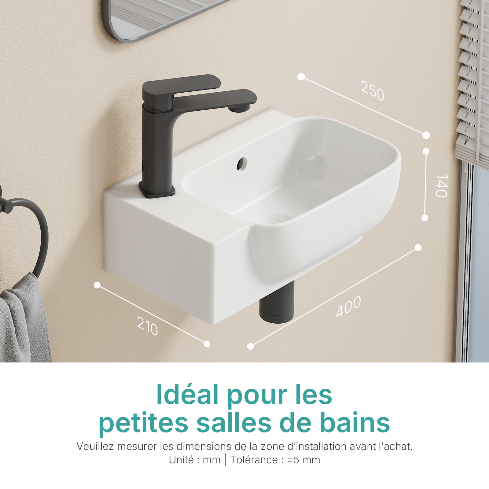 EMKE Lavabo mural rectangulaire en céramique 40 x 25 x 14 cm, trou de robinet à gauche, avec trop-plein, blanc brillant - 7