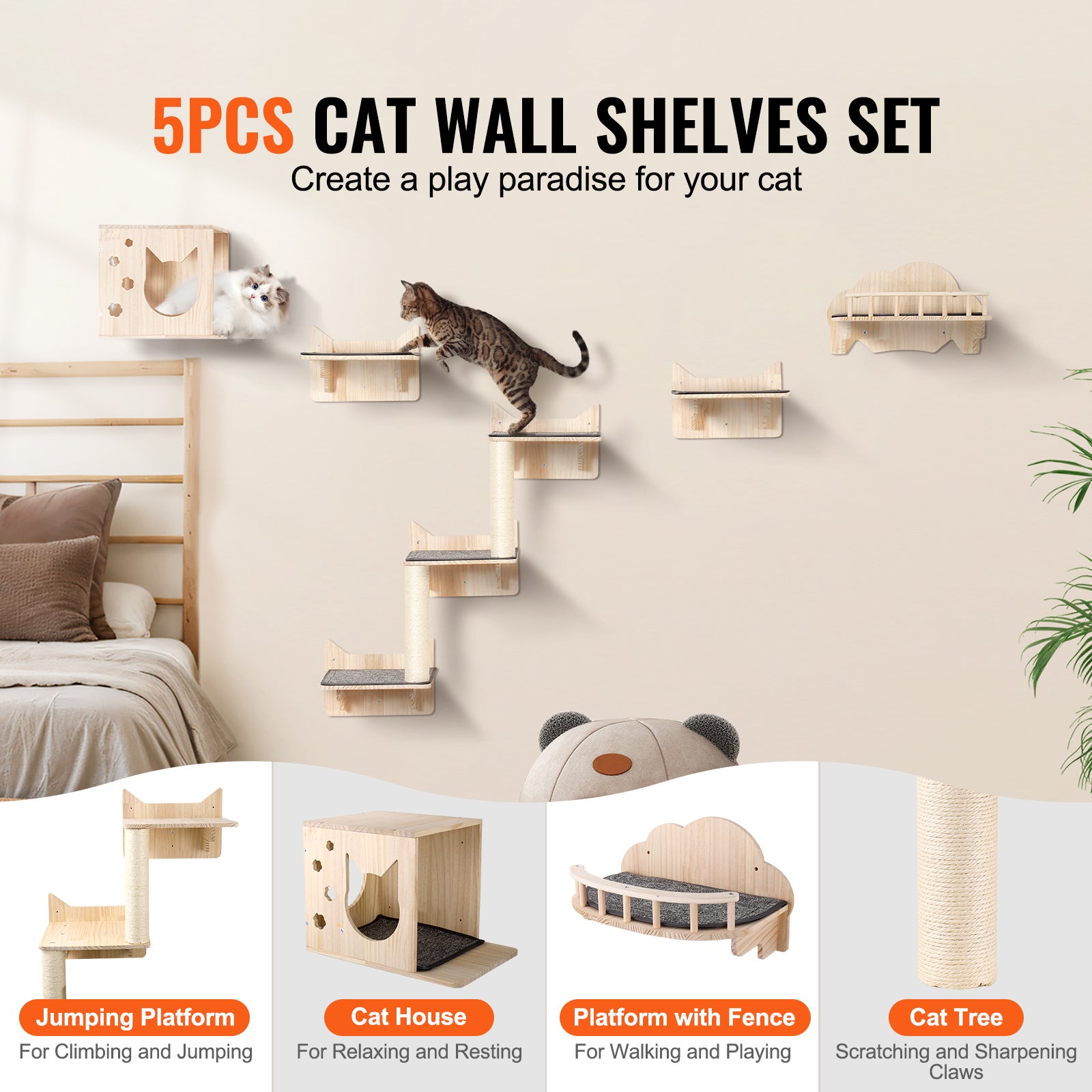 Ensemble d'étagères murales pour chat,SucceBuy perchoirs avec planches de saut,nid,barrière et arbre à grimper,supporter jusqu'à 40 lb - 4