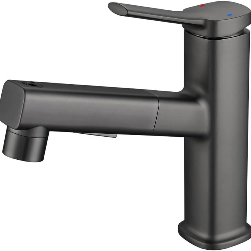 Bateria łazienkowa z trzema trybami wypływu wody (strumień, natrysk, fontanna) i wyciąganą słuchawką prysznicową (szara)