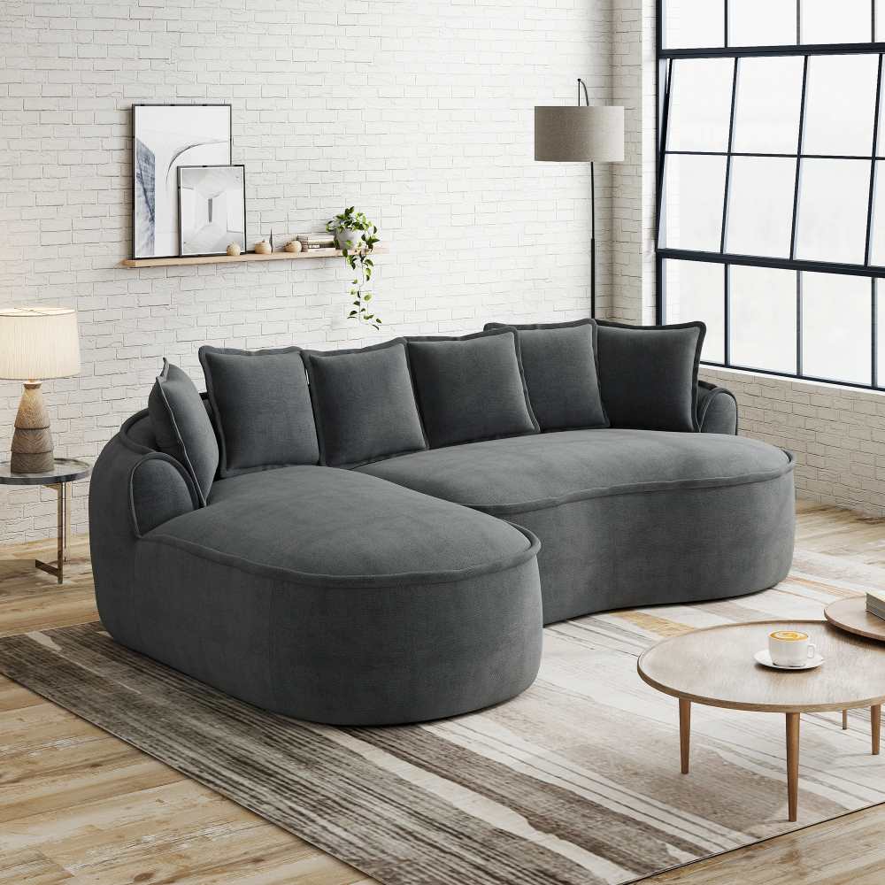 Wygodna, trzyosobowa sofa szenilowa – narożna sofa w kształcie litery L, bardzo duży szezlong, poduszki w zestawie, gotowa do użycia, szary salon