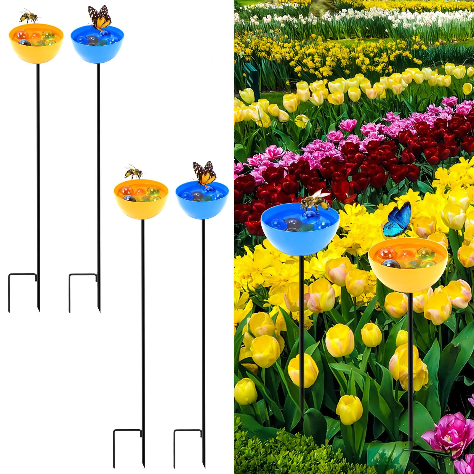 Kolorowa, dekoracyjna fontanna do picia dla ptaków, 4 sztuki, 2 * półkole żółte + 2 * półkole niebieskie, 65 * 8 cm