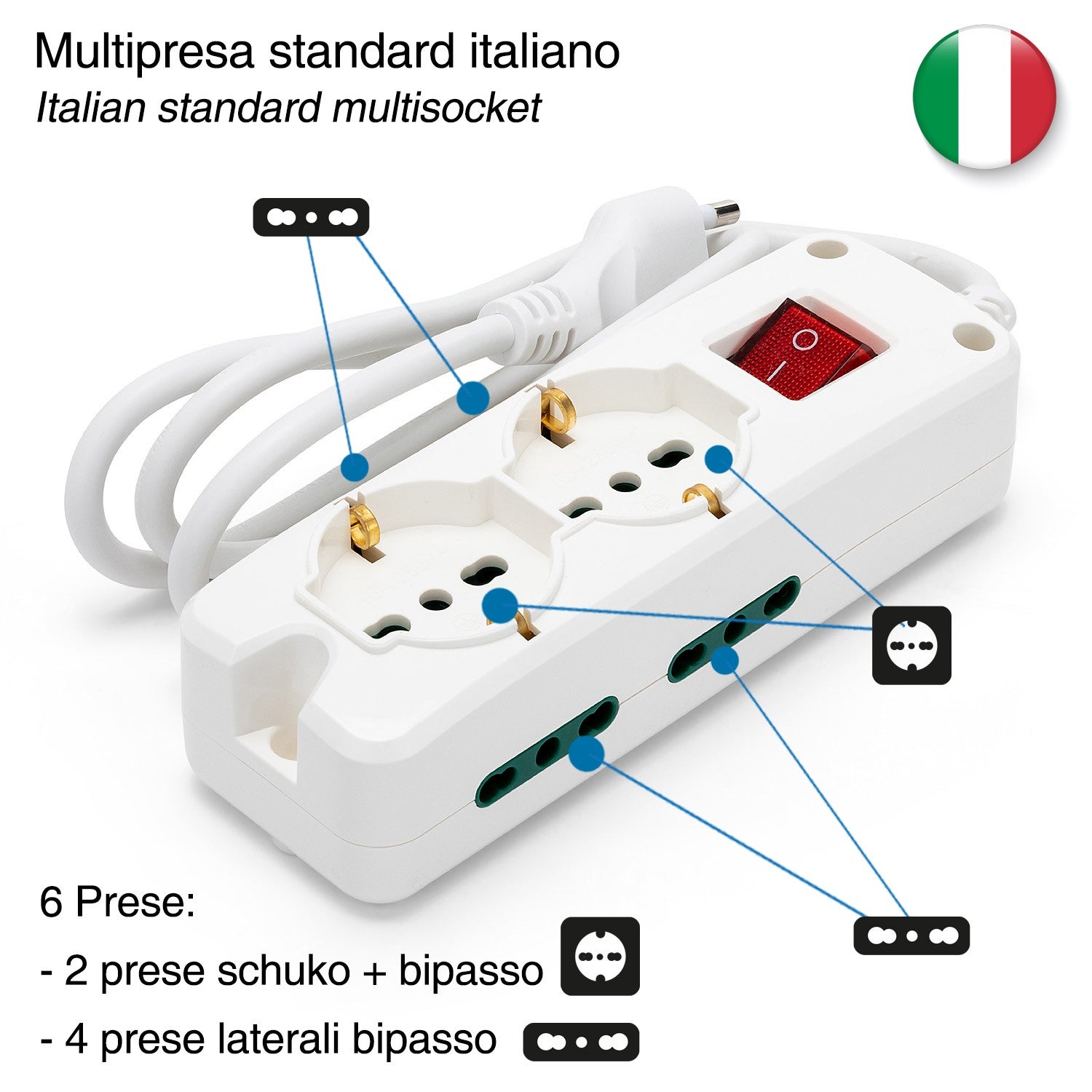 Multiprise italienne 6 entrées, câble de 1,5 m et interrupteur lumineux - 5