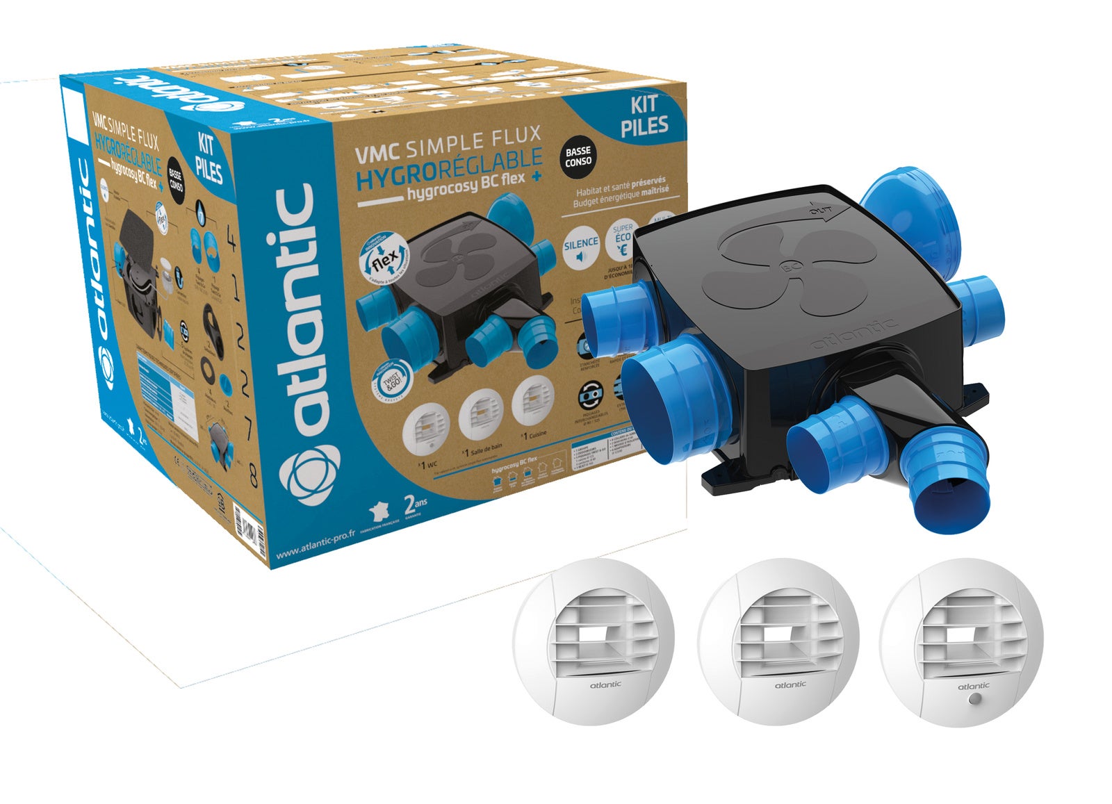 Kit VMC simple flux hygroréglable - Hygrocosy BC Flex + - 412278 ATLANTIC - 412278 Kit avec centrale VMC 6 sanitaires + 3 bouches d'extraction à - 2