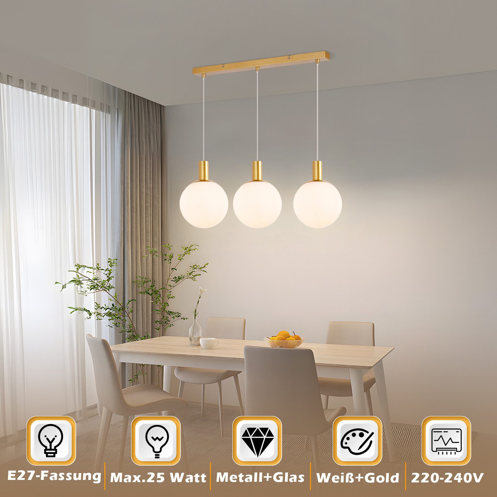 NETTLIFE Suspension E27 or Lampe à suspendre 3 feux Réglable en hauteur Lampe à suspendre Moderne - 5