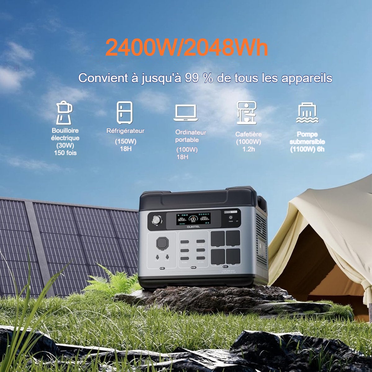 OUKITEL Batterie Portable 2048Wh P2001Eplus, Générateur Lithium Fer Phosphate, 2400W AC, Charge Solaire et Voiture, ABS+PC, Noir - 7