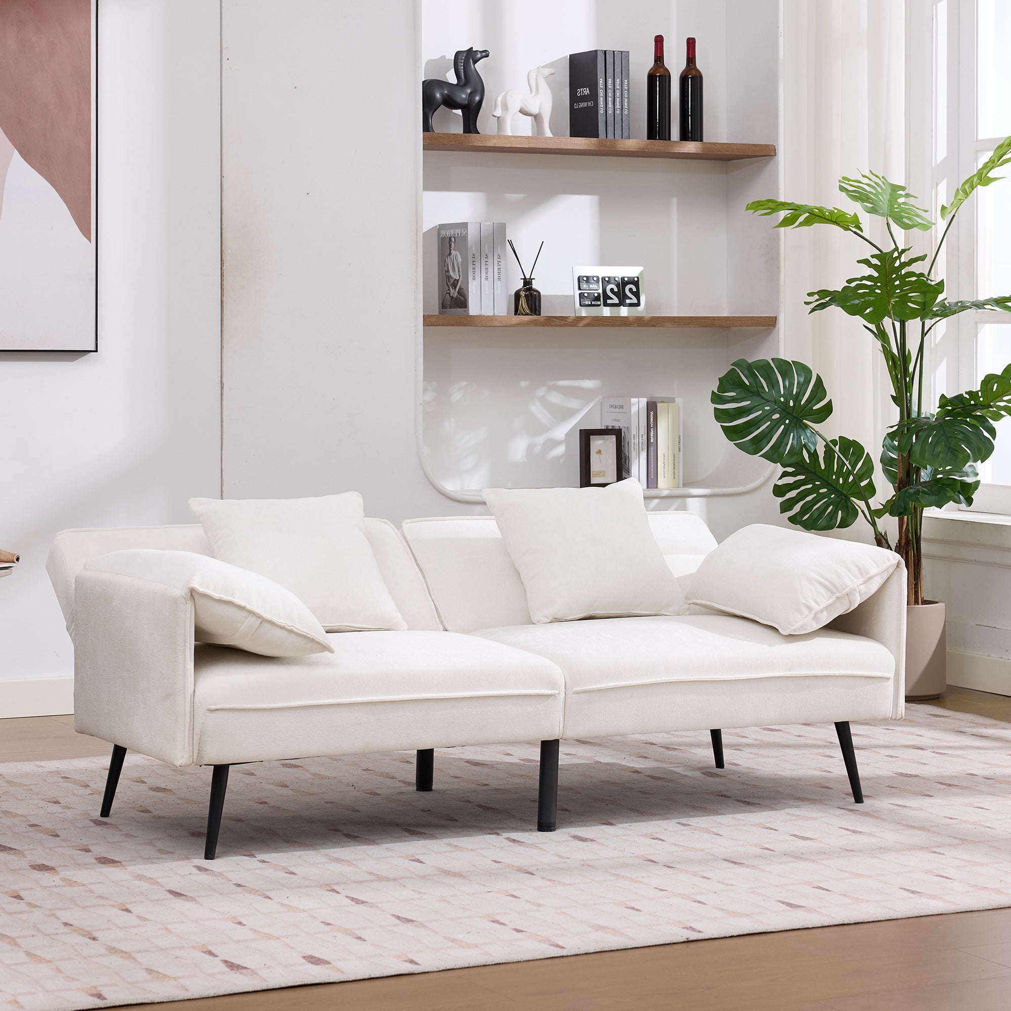 Sofa dwuosobowa z funkcją spania Click-Clack i 3-stopniową regulacją oparcia (100°–180°) – 167,5 x 73 x 70 cm – tkanina Chenille – biała