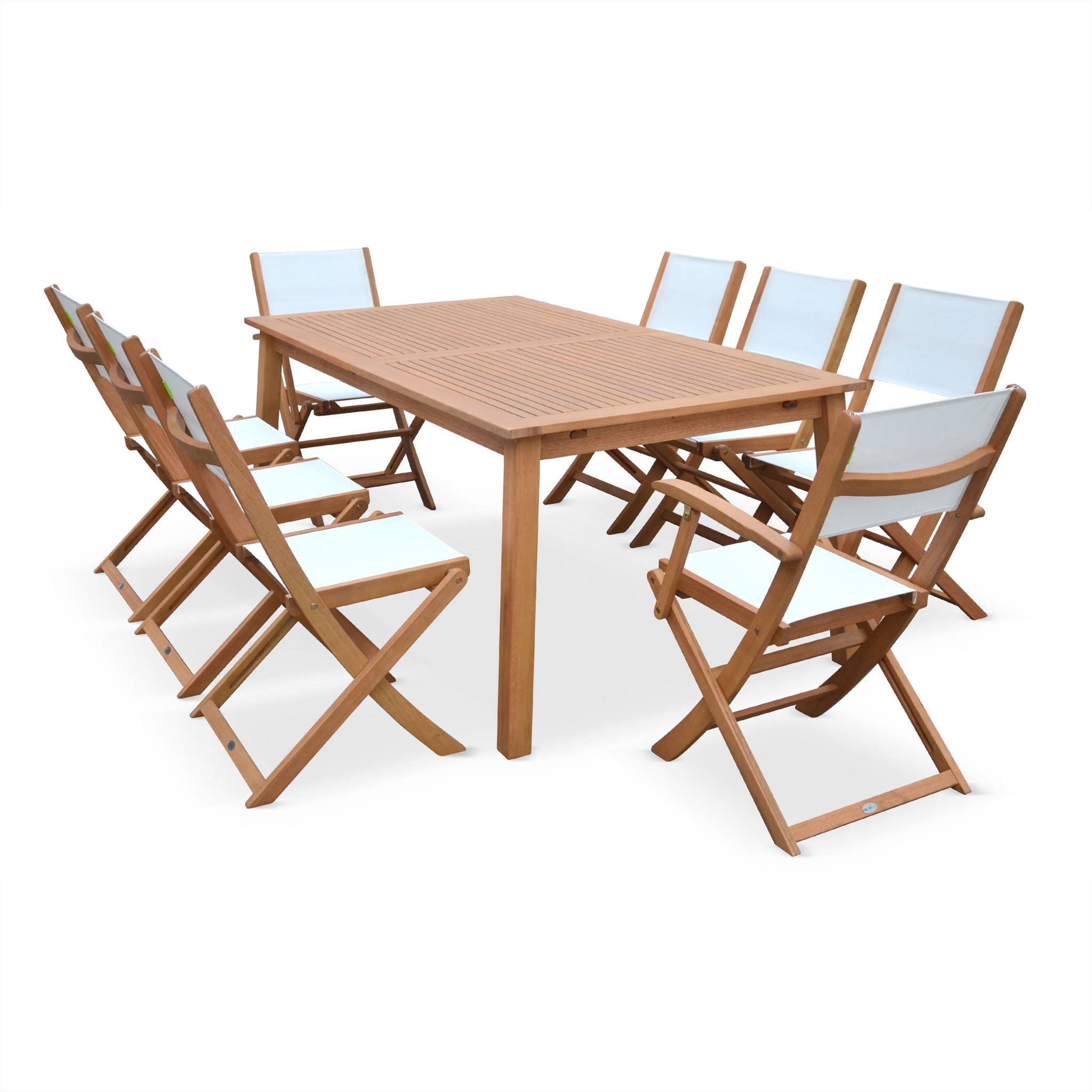Table de jardin extensible bois d'eucalyptus + 8 assises en bois d'Eucalyptus huilé et textilène blanc ALMERIA - 4