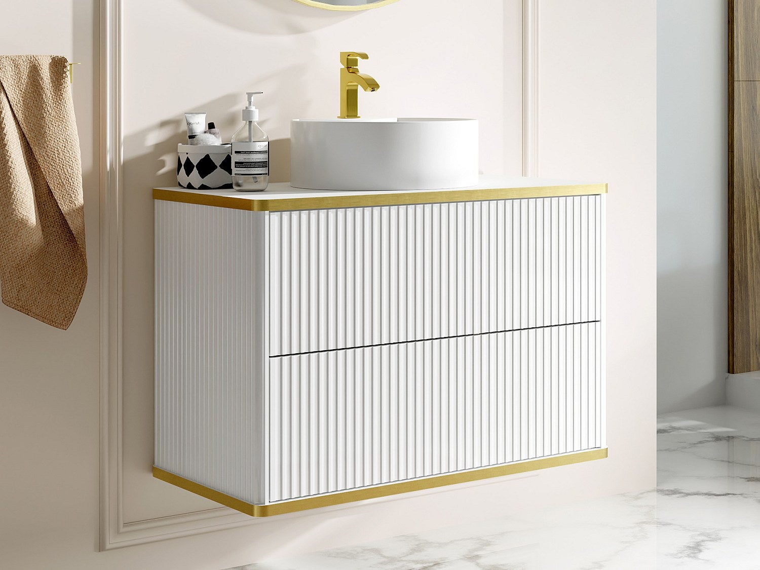 Szafka łazienkowa wisząca ryflowana ze złotą listwą i okrągłą umywalką nablatową - Biały - 80 cm - KELIZA