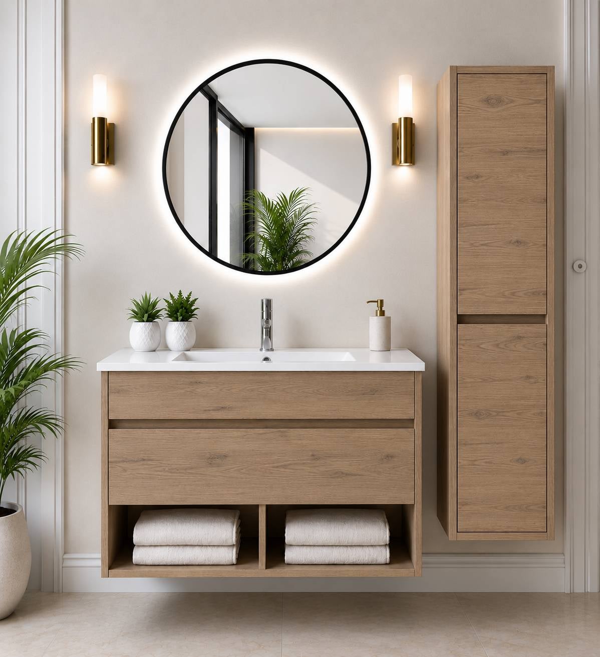 Mobilier de baie suspendat cu lavoar ORIGENBATH NEBARI cu sertar cu coloană 80x45 cm estepa cu coloană