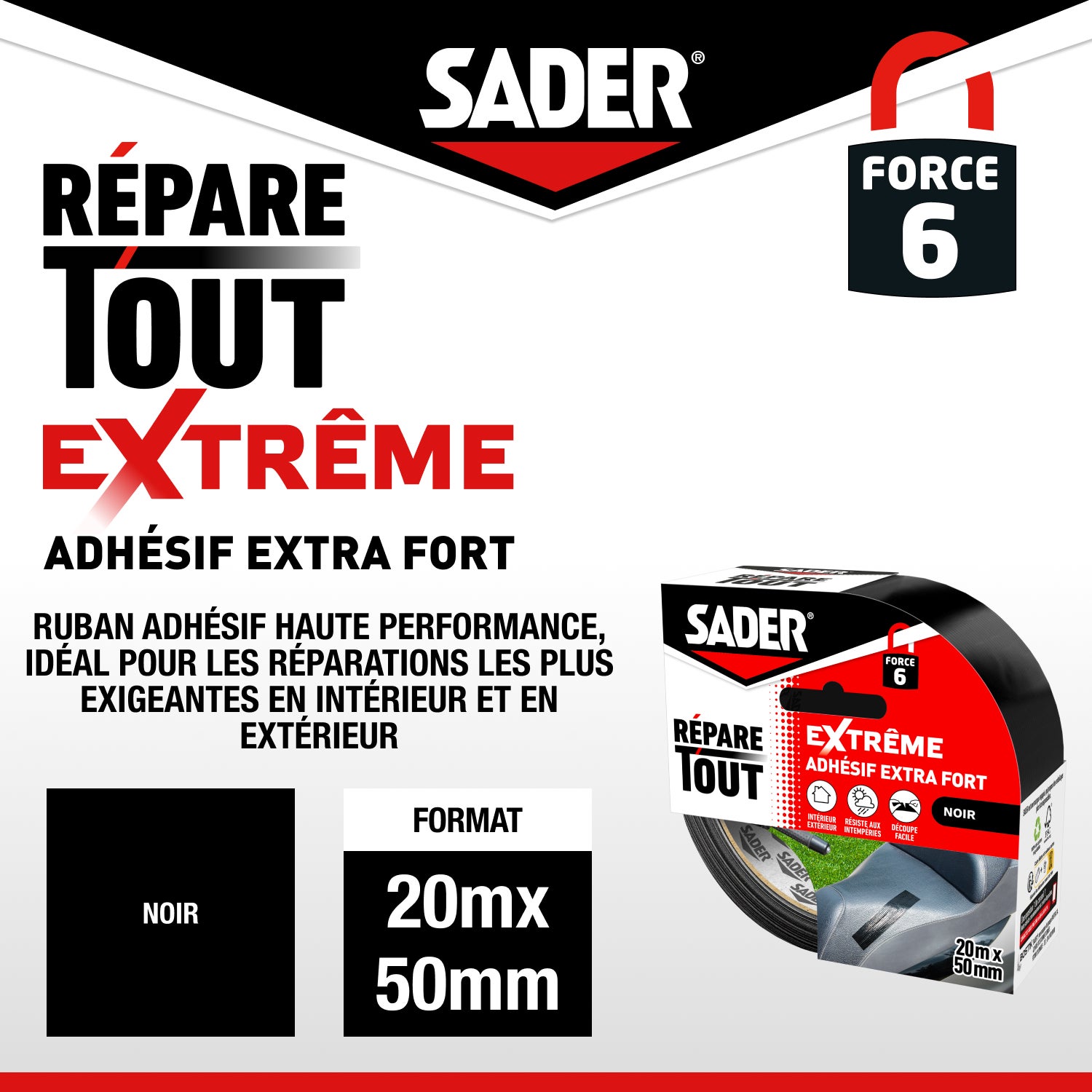 Sader Repare Tout Extrême Noir- Adhésif Extra Fort - Hautes Performances - Intérieur & Exterieur - Toutes Surfaces - Facile à Découper - 20m x 50mm - 2
