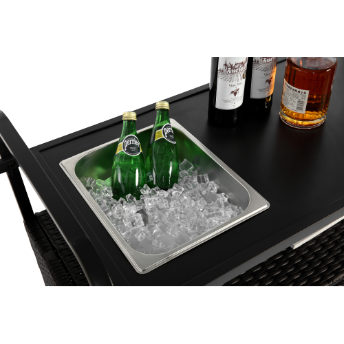 Table de Bar Extérieur en Rotin avec Armoire, Seau à Glace et Panier Latéral, Plateau Acier, Roues Verrouillables, Noir - 8