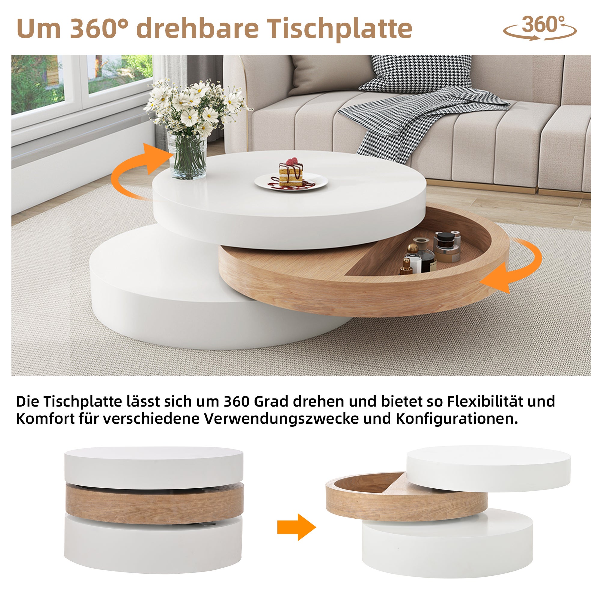 Stolik kawowy z obrotowym blatem - 60 x 60 x 35,1 cm - MDF - Naturalny i biały - 5