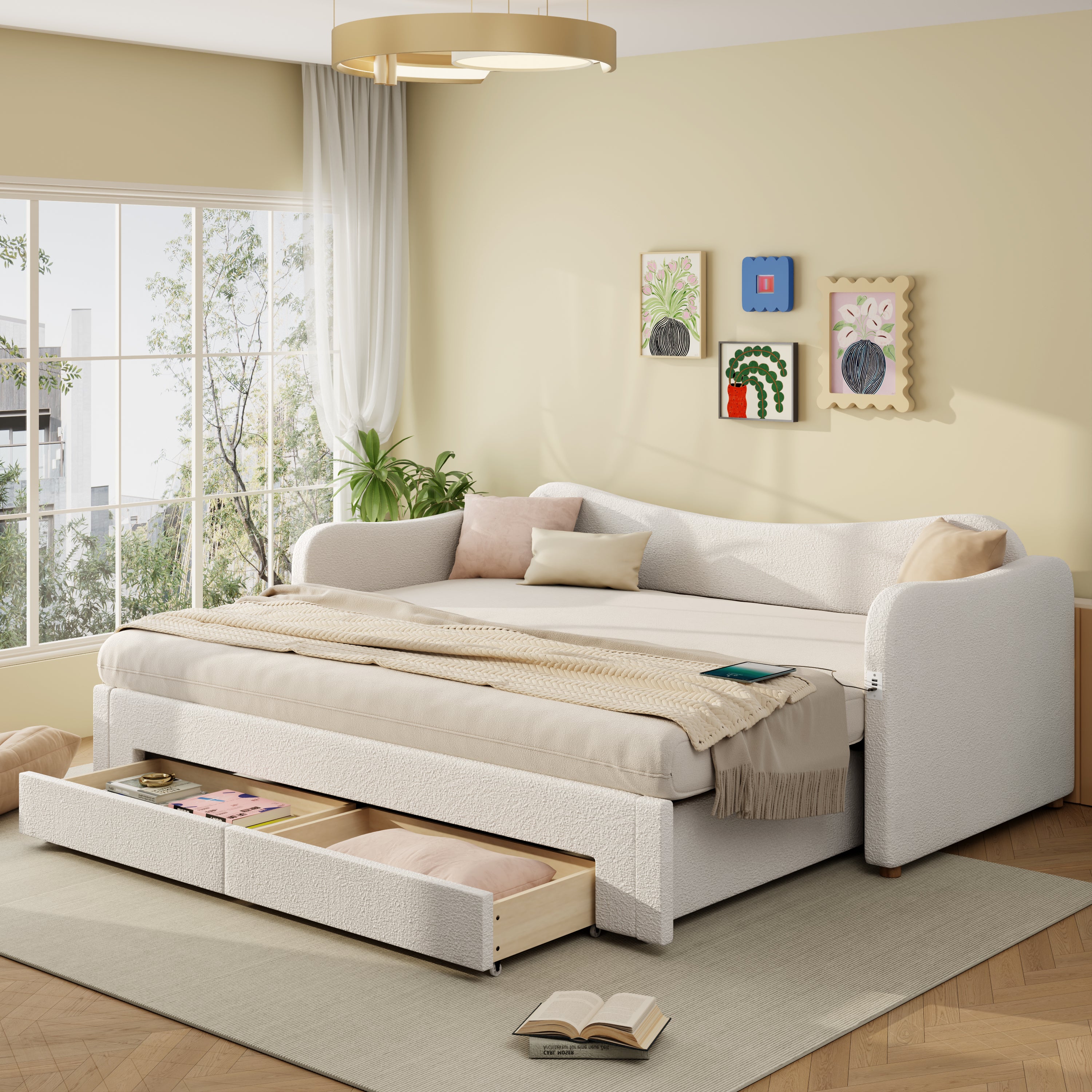 Łóżko wysuwane 90/180 x 200 cm z 2 szufladami - porty USB i typu C - w zestawie stelaż z listew - tkanina bouclé - beż