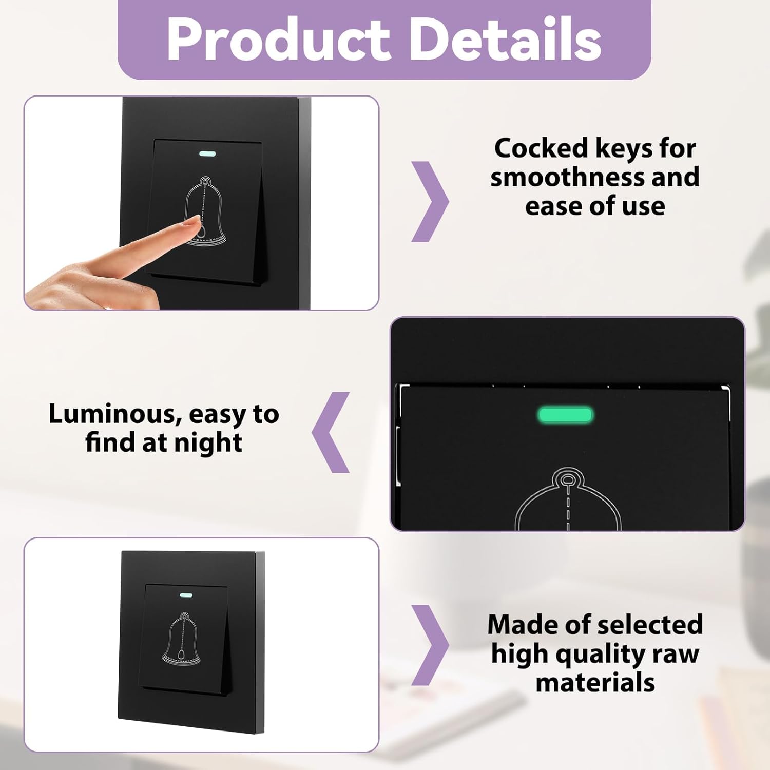 Noir，Bouton de Sonnette Extérieur éTanche 220–250 V, Interrupteur Sonnette de Porte en Verre avec Vis, Installation Facile, Usage Domestique ou Hôteli - 3