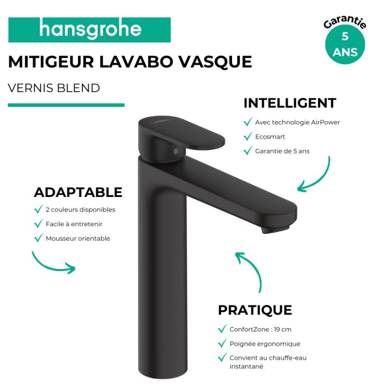 Mitigeur lavabo HANSGROHE Vernis Blend 190 sans tirette ni vidage noir mat - 3