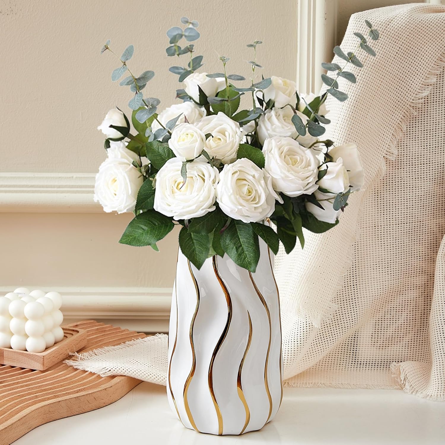 Vaso in ceramica bianca per arredamento, vaso decorativo per fiori, vasi in ceramica a strisce verticali | Leroy Merlin