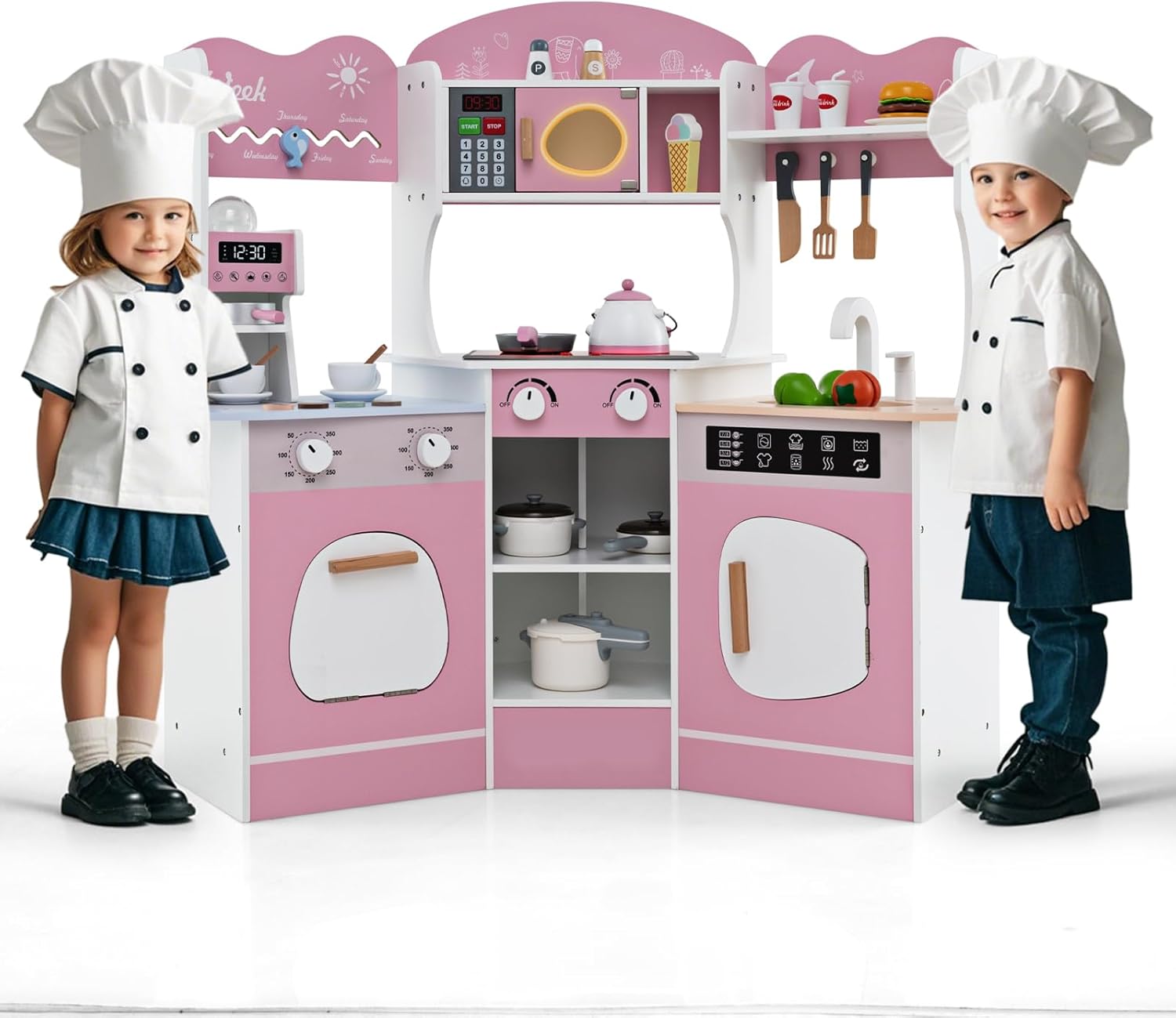 COSTWAY Cuisine de Jeu pour Enfants en Bois avec Lumières