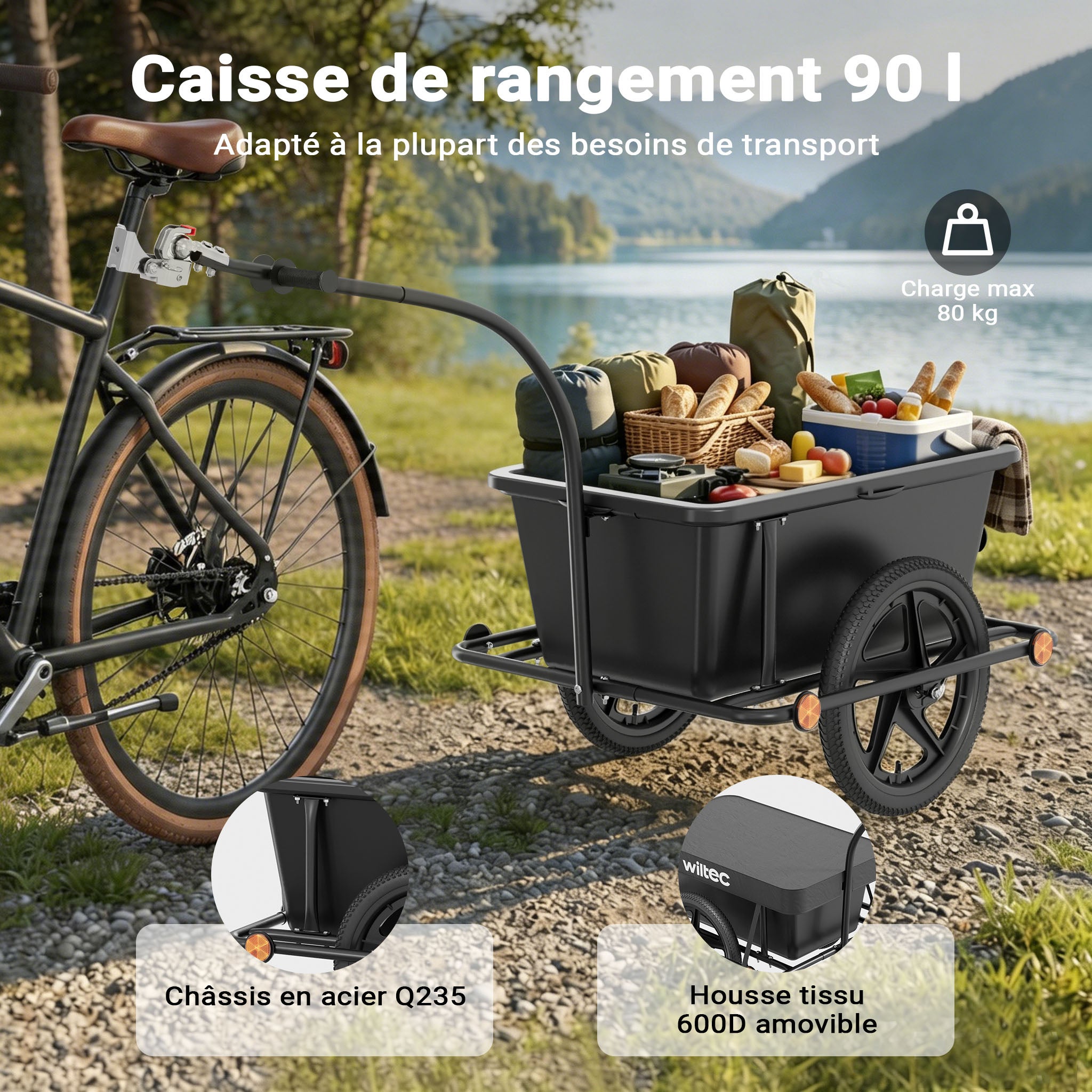 Remorque pour vélo 80 kg max., 1580 x 690 x 510 mm, Bac 90 l, Attelage rapide, Cadre protège-roue, Charrette à bras, Transport de charges… Wiltec - 4