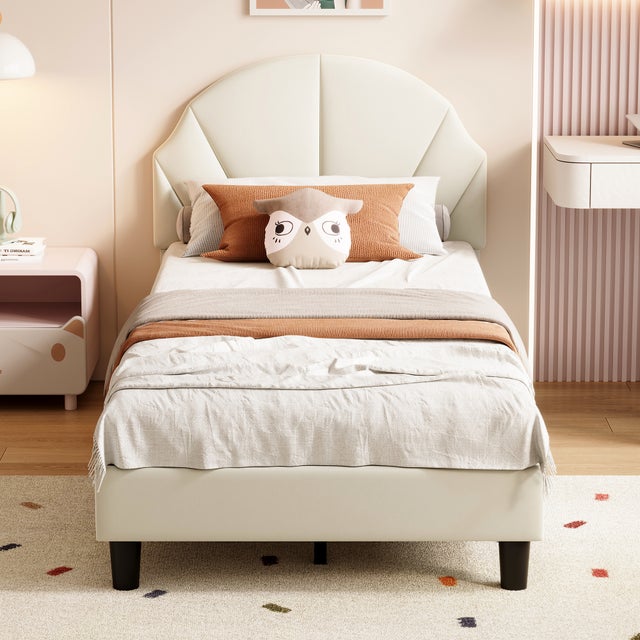 Cama Infantil 90x190 cm, Cama Individual Tapizada con Cabecero Ajustable, Cama Individual, Cama Princesa con Somier de Láminas para Niñas, Beige