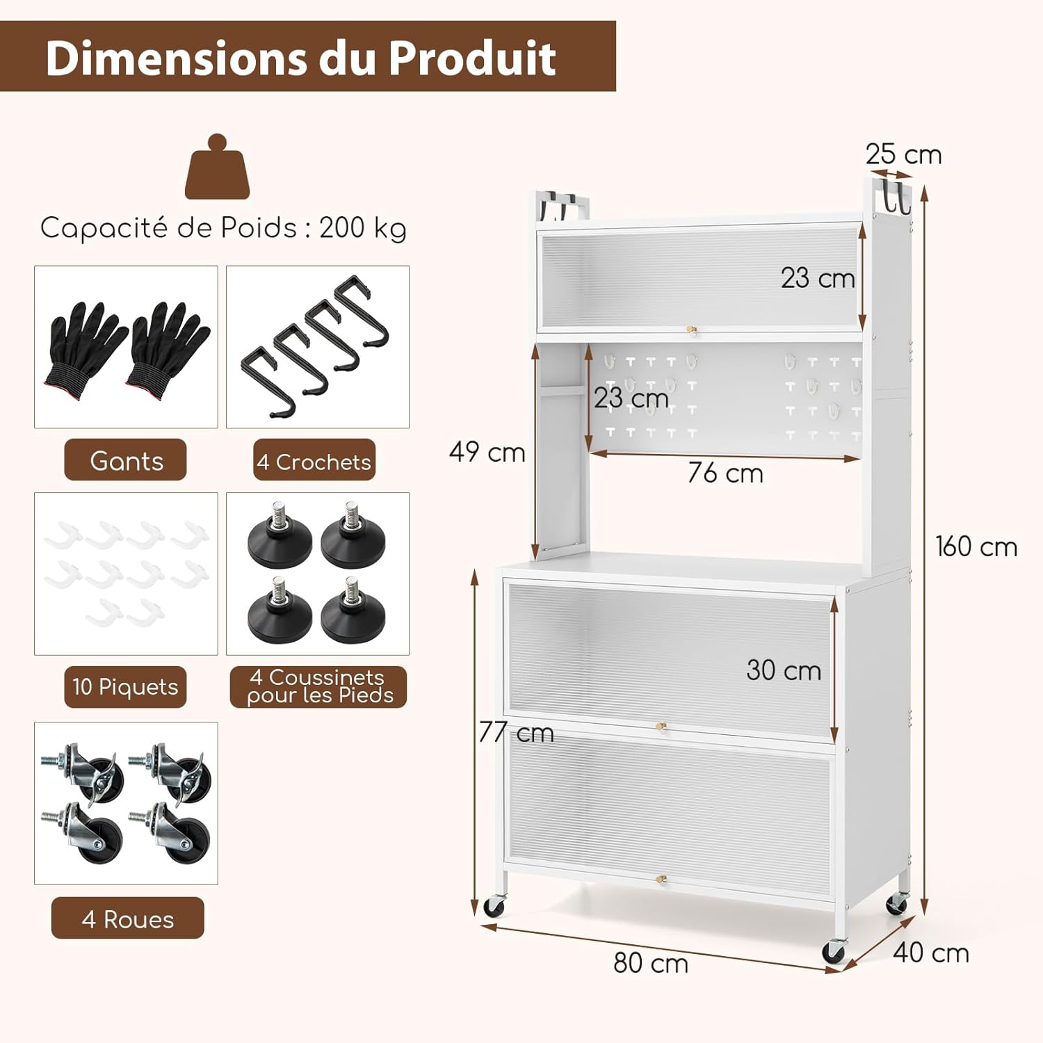 Aparador Alacena de Cocina, Soporte para Microondas con Puertas Inclinables y Gabinetes, Panel de Perforaciones con Ganchos, Ruedas y Patas Aj - 3