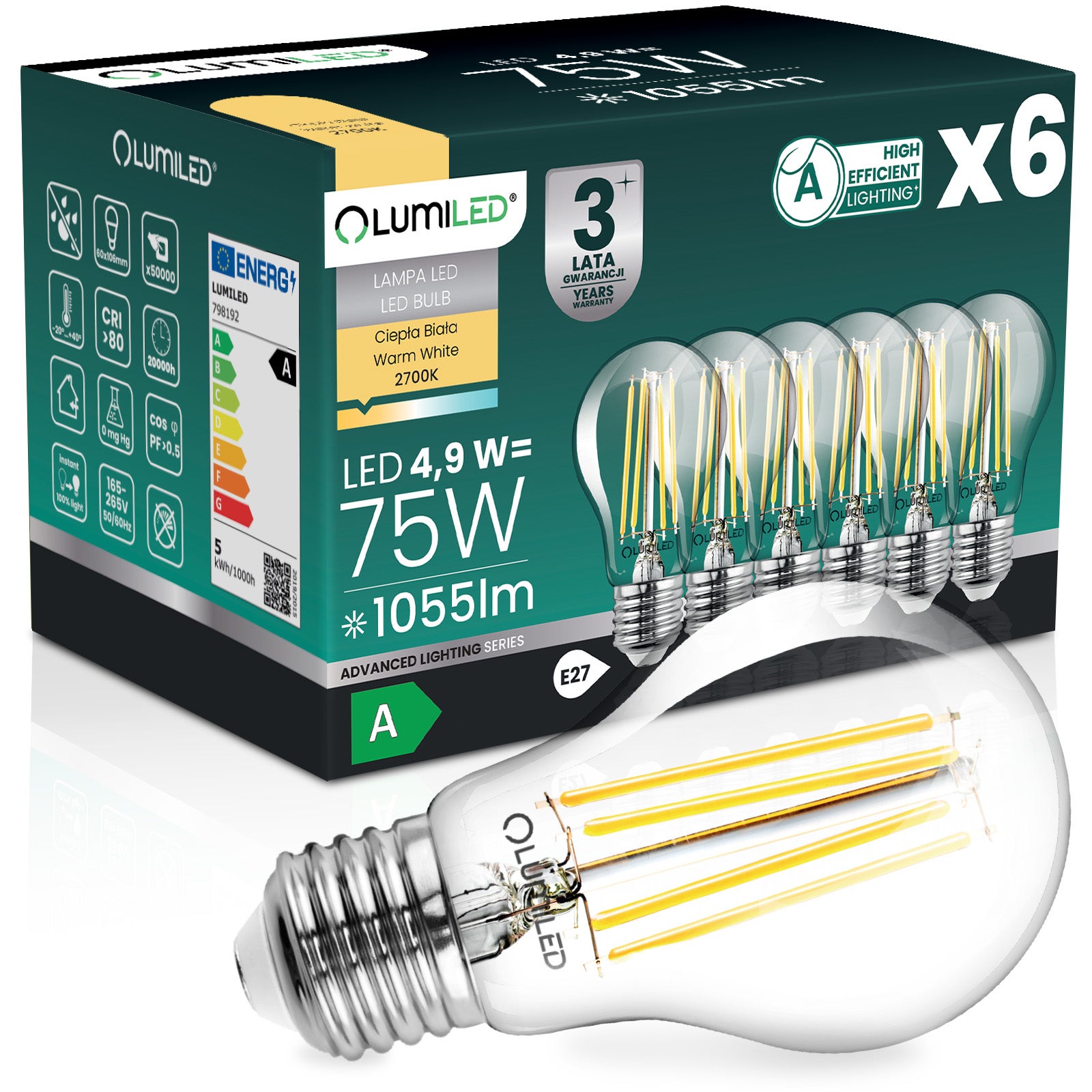 Żarówka LED Lumiled E27 A60 4.9W 1055lm 2700K Ciepła biel 360st Filament Klasa A 6 szt.