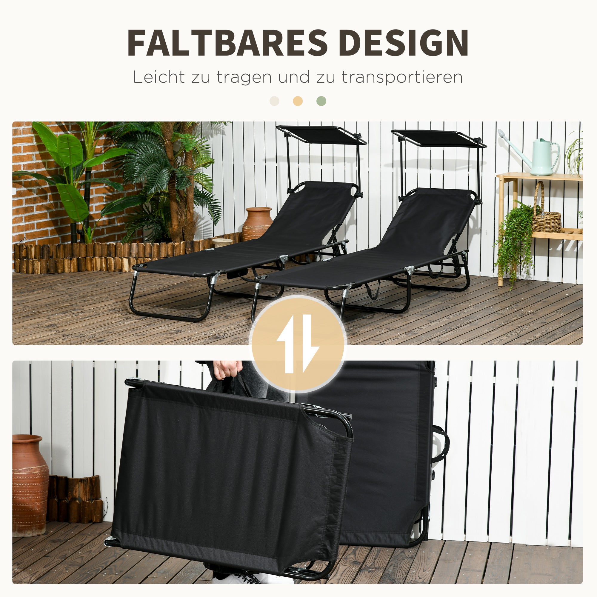 Ensemble de 2 chaises longues pliantes, chaises longues de jardin avec pare-soleil, dossier réglable en hauteur sur 5 positions, noires - 8