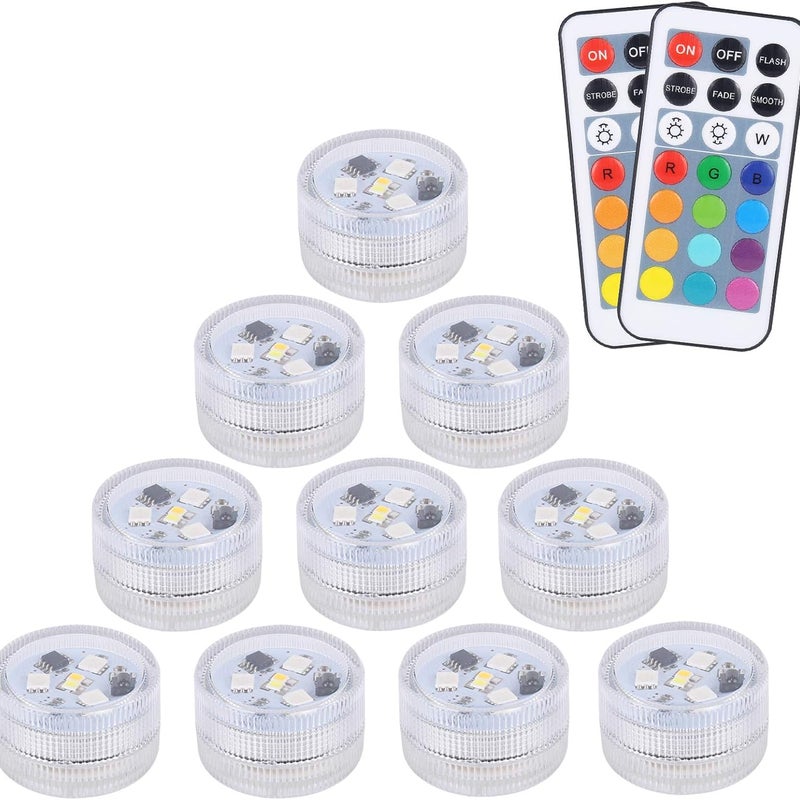 10 szt. Miniaturowych Podwodnych Lampek LED, ALED LIGHT Wodoszczelna Lampa Podwodna RGB Multicolore Świece LED z 2 Pilotami