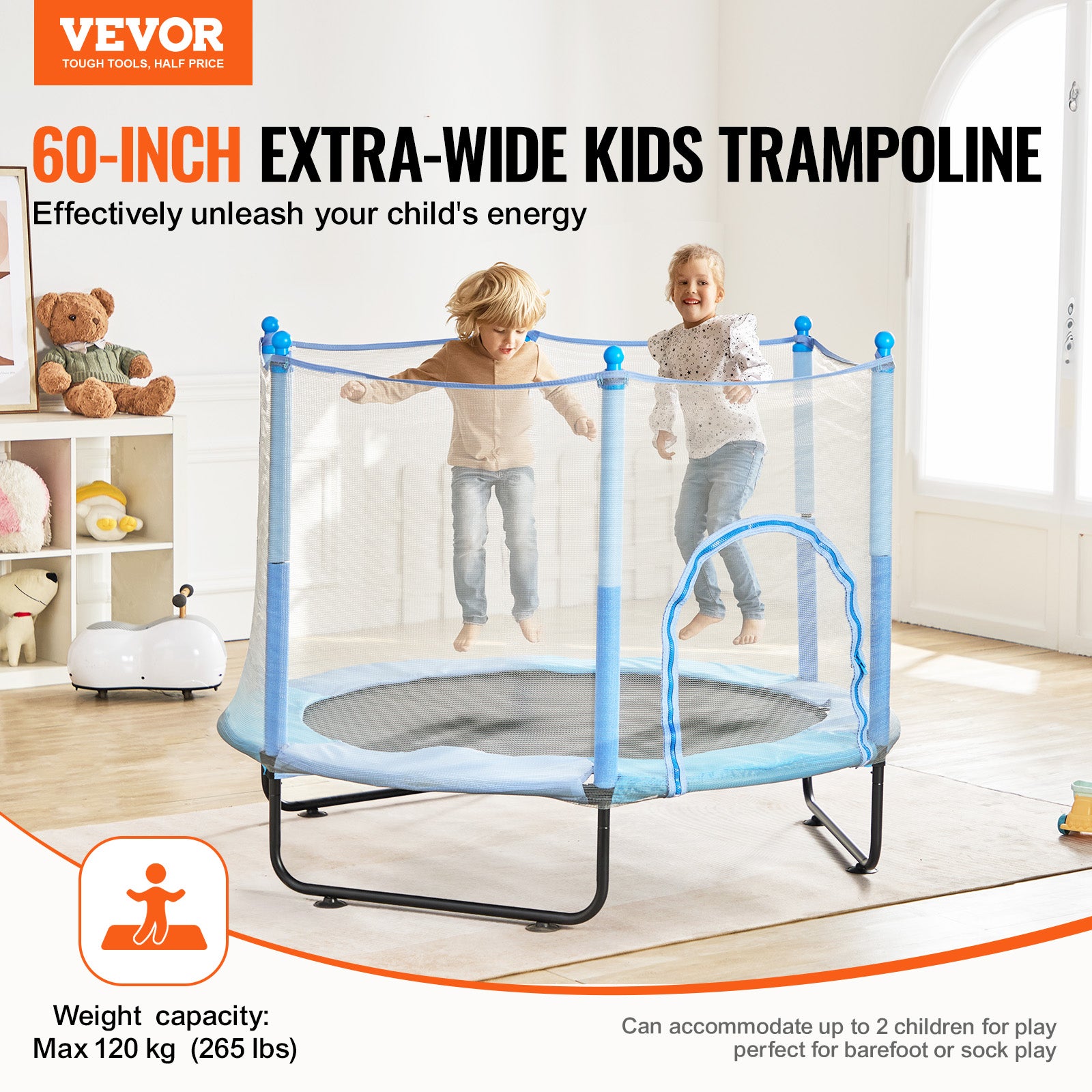 Trampoline Extérieur/Intérieur Enfant Bébé 140 Cm – Filet De Sécurité & Matelas Épais, Max 2-3 Enfants