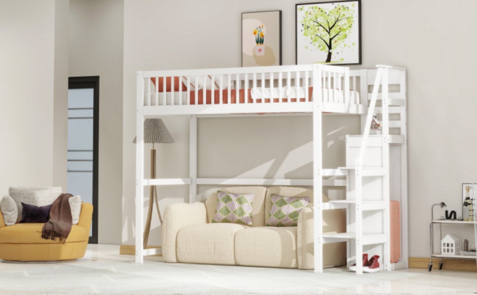 Lit mezzanine 90 x 200 cm avec armoire et escalier - bois massif et MDF - blanc (sans matelas) - 9