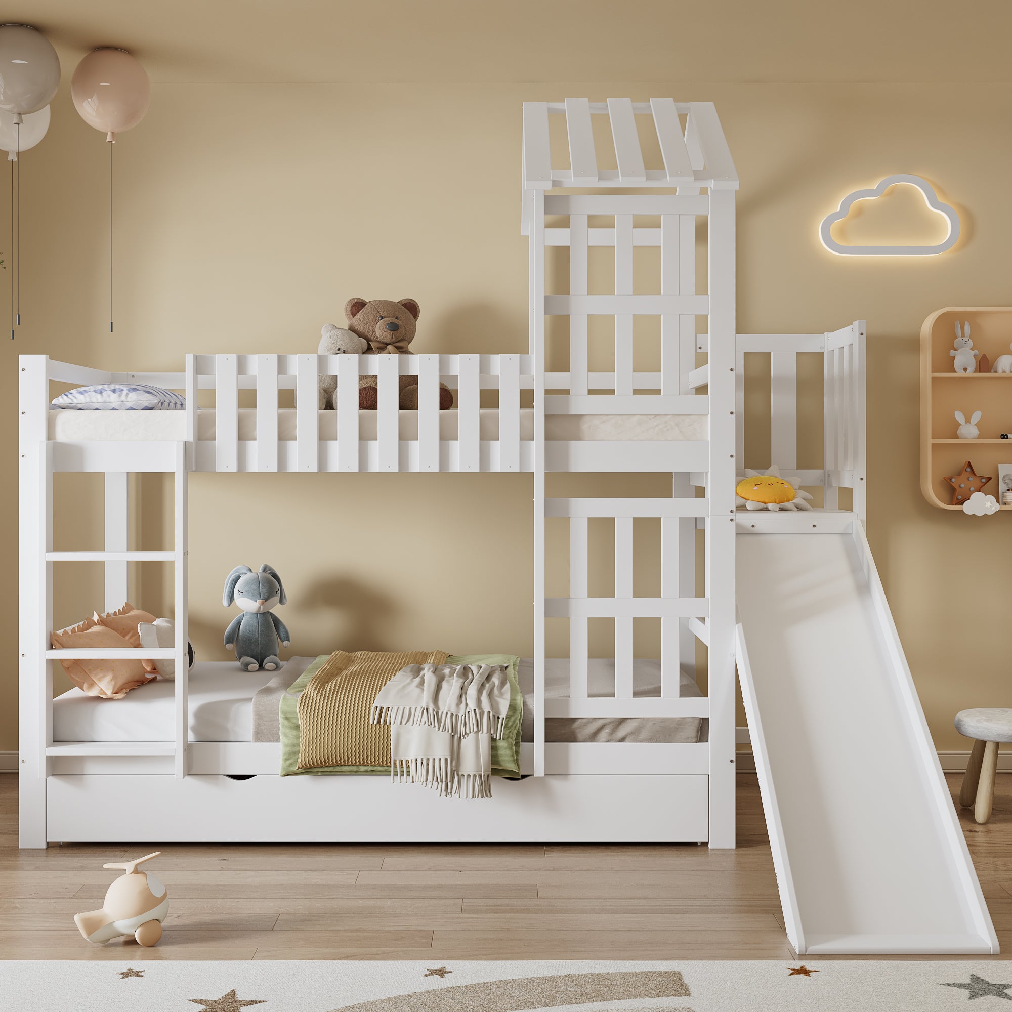 Łóżko piętrowe 90x200 cm - z wysuwaną ścianką - z 1 szufladą - z dachem i oknami - Drewno lite + MDF - Białe (bez materaca)