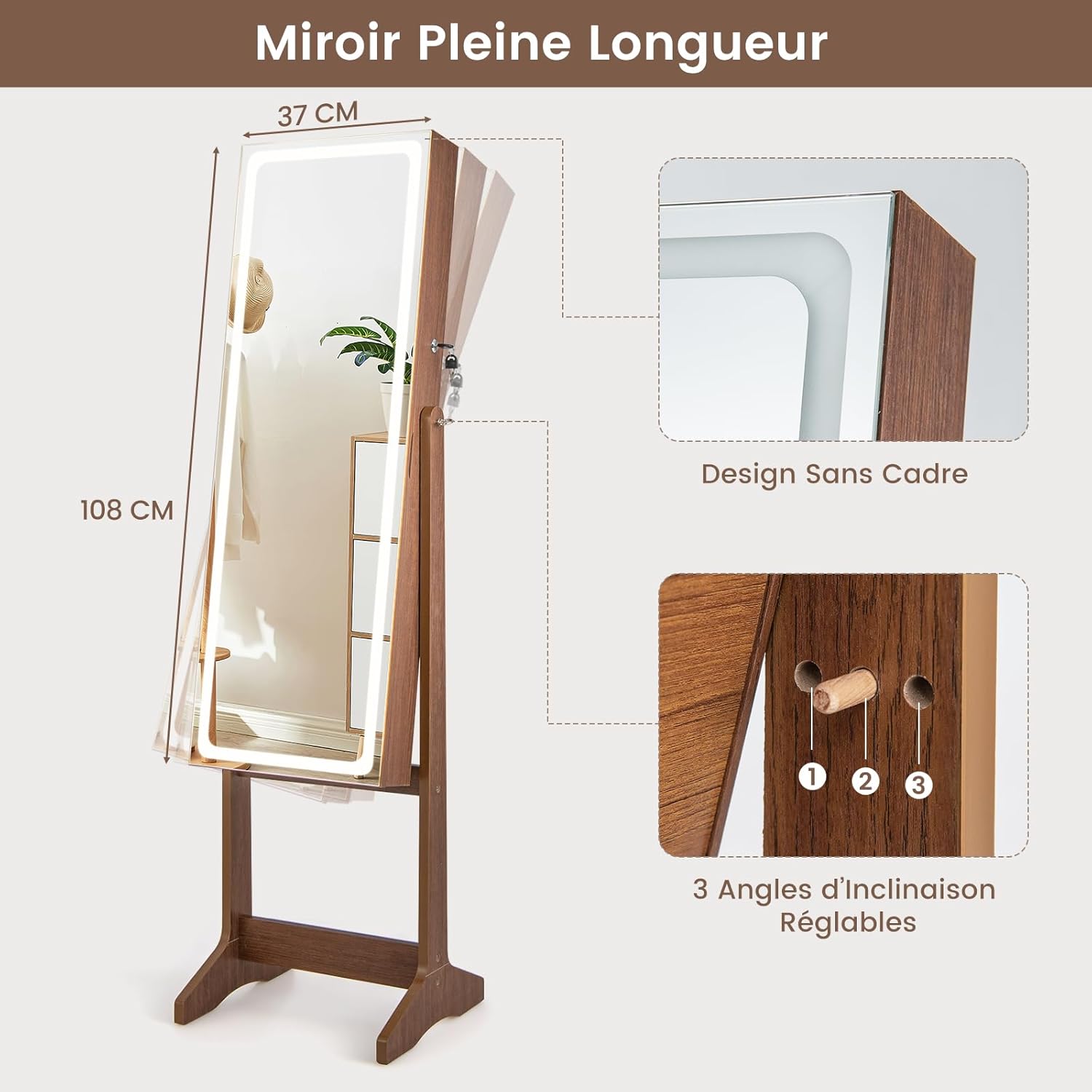 Armoire à Bijoux avec Miroir, Armoire de Rangement sur Pied pour Boucles d'Oreilles, Organisateur de Bijoux Verrouillable avec Lumières(Brun) - 3