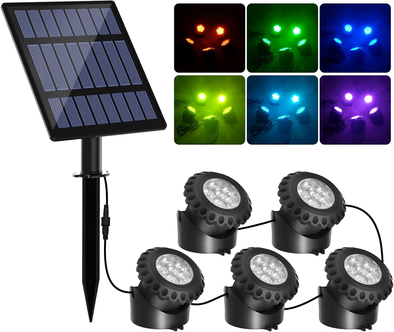 Lámpara led sumergible para estanques, alimentada por energía solar, con 2 modos ajustables, 6 colores y clasificación de impermeabilidad ip68.
