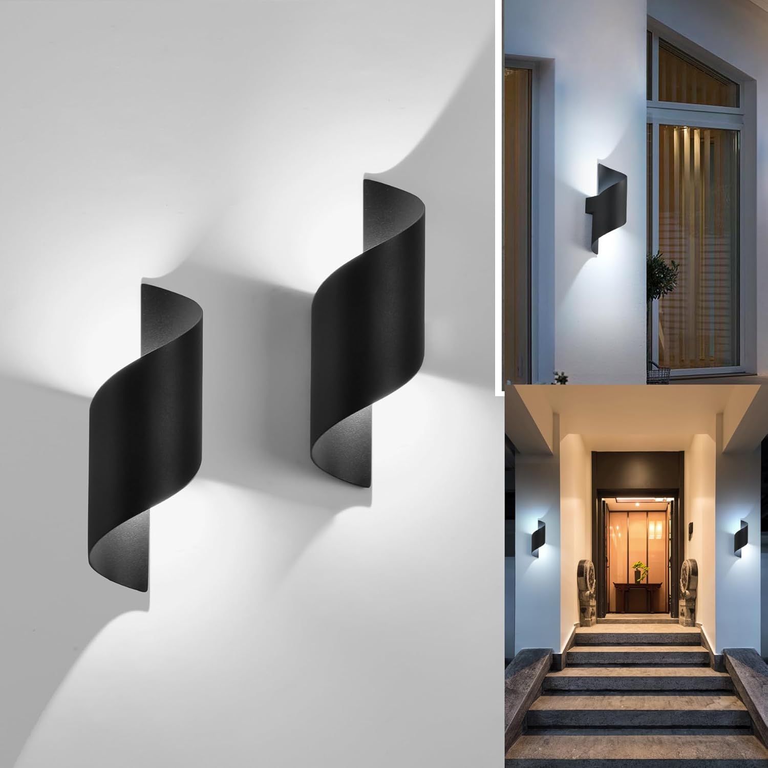 Dwa zestawy 12W zewnętrznych lamp ściennych, lampy ścienne LED, ciepłe białe światło 3000K, spiralna lampa, wodoodporność IP65, białe