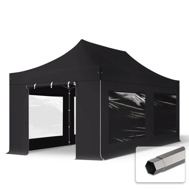 3x6 m Namiot Ekspresowy PREMIUM Stal 40 mm, trudnopalny, ze ścianami bocznymi, okna panoramiczne, czarny