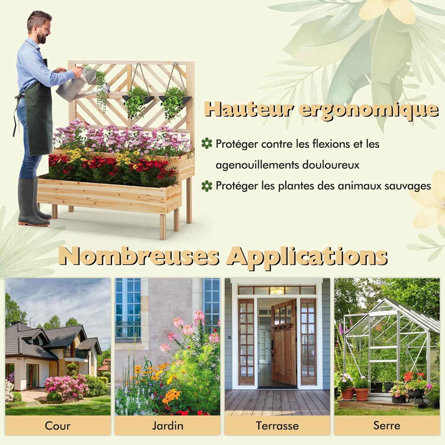 Jardinière Surélevée avec Treillis en bois, Bac à Fleurs 2 Niveaux avec Trou de Drainage, 109 x 62 x 135 cm, Naturel - 9