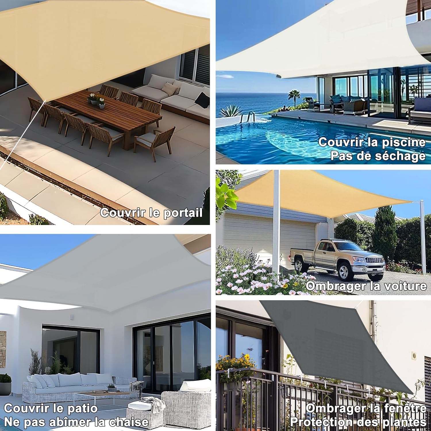 Voile d'ombrage triangulaire 3x3x4,3m, toile d'ombrage imperméable, anti-ultraviolet, convient pour jardin, terrasse, balcon, blanc - 4