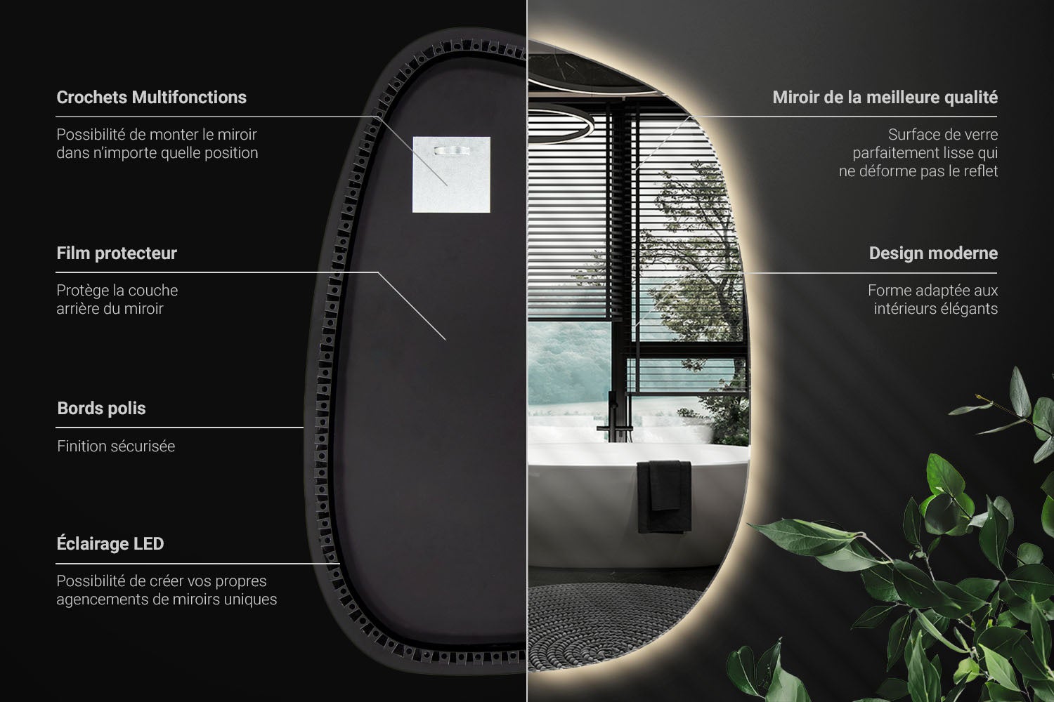 Miroir lumineux LED forme organique irrégulière avec éclairage intégré et lumière chaude, 49x34, ArtPrintCave - 3