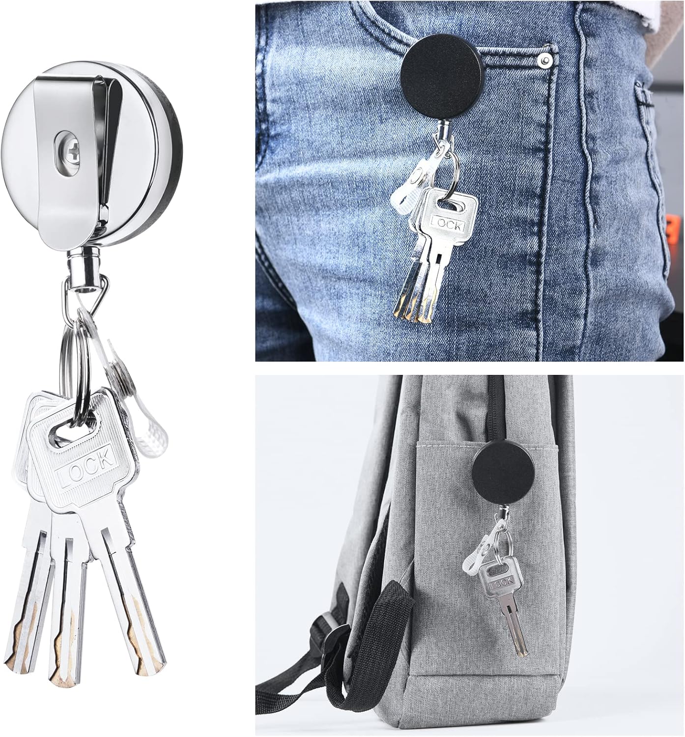 2PCS Porte-clés Retractable(Noir), Porte Badge Enrouleur,Porte Clef Enrouleur Badge Heavy Duty Avec Chaîne de Moulinet en Acier et Crochet,Rétractable - 5