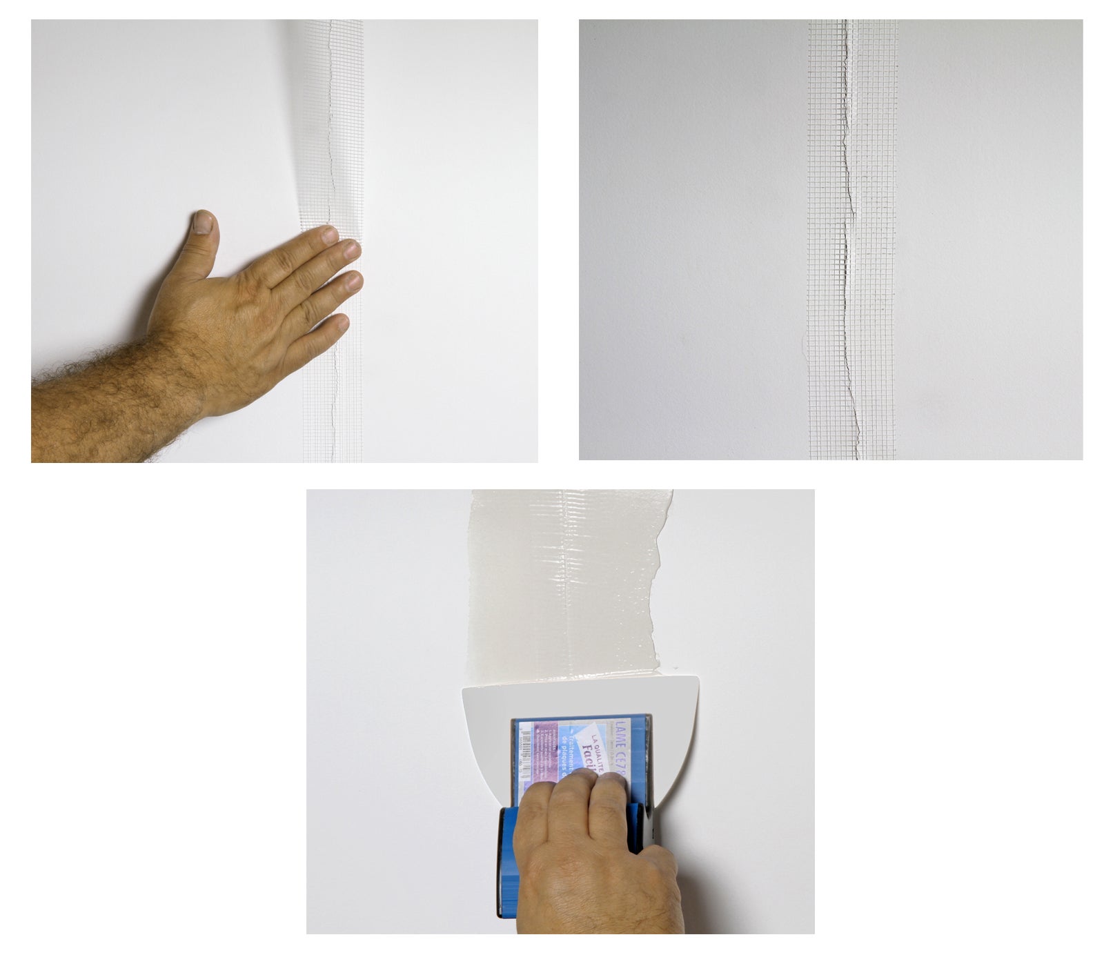 Pack Semin comprenant 1 bande grillagée adhésive pour joints, 20 m, 1 enduit 2 en 1 multifonctions - seau de 7 kg et 2 couteaux à enduire 10 & 15 cm - 2