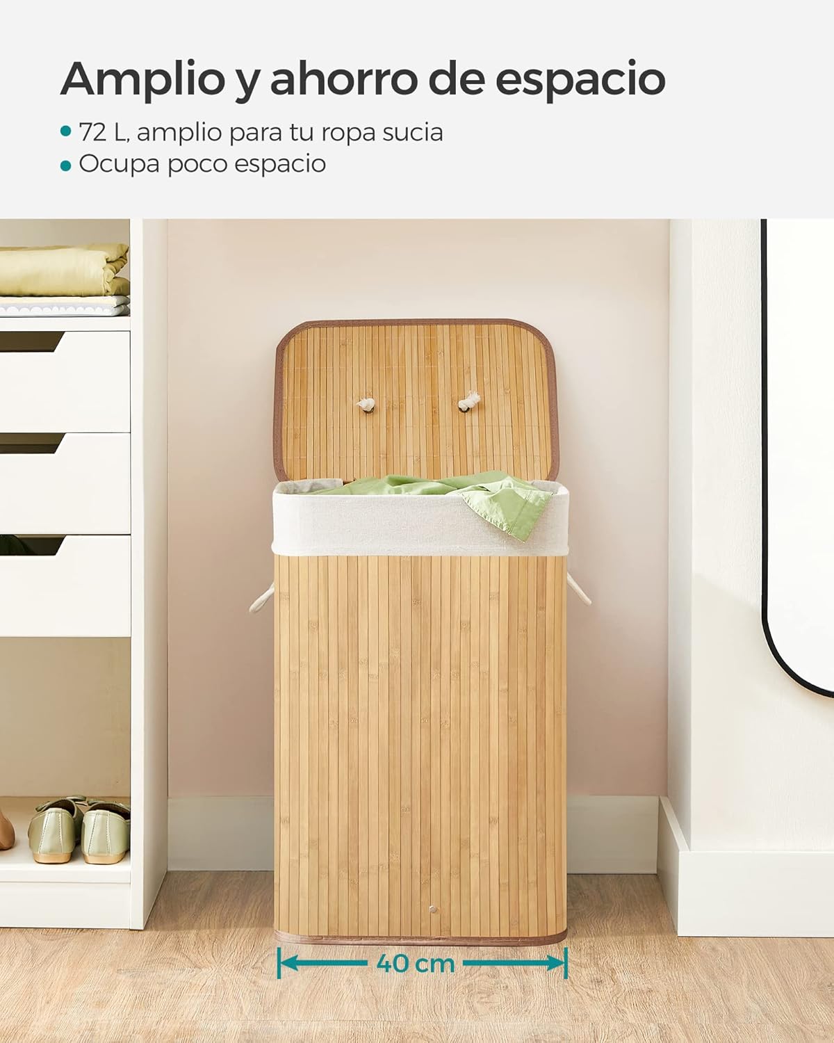 Cesto de la Ropa Sucia con Tapa, 72 L, Cesto de Lavandería de Bambú, Plegable, con Bolsa Lavable Extraíble, Asas, para Lavandería, Dormitorio, Natural - 7
