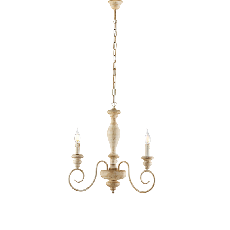 Cascina - candelabru din lemn și fier alb și gri porumbel, 3 lumini, 113 - Ø44 - BL265-3-BT