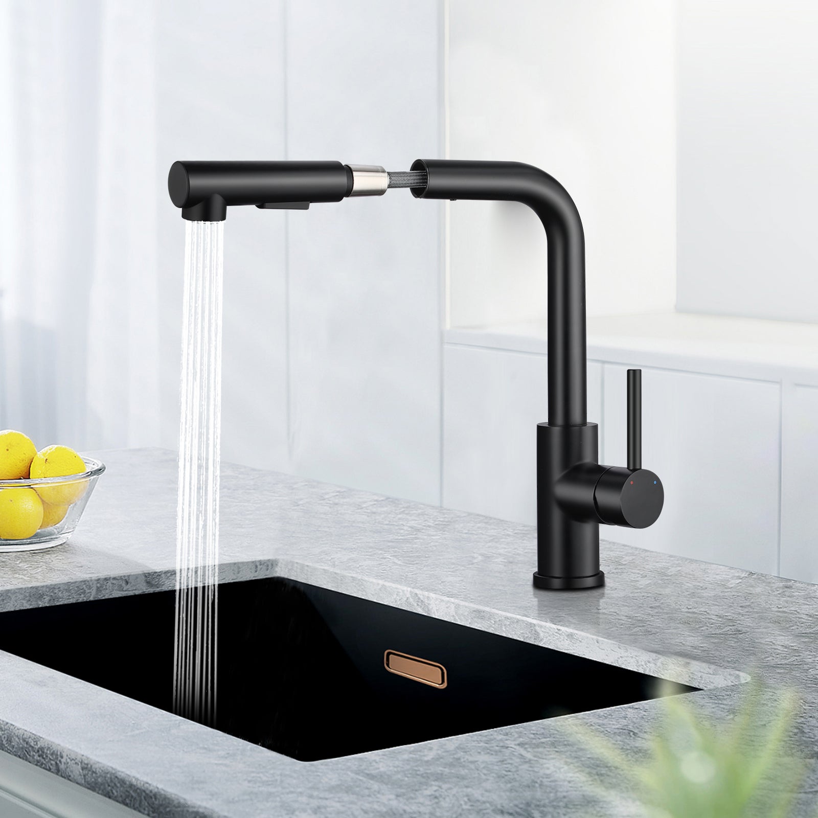 LOVHAUS Bateria Kuchenna Czarna Wyciągana, Bateria Kuchenna Jednouchwytowa Obrotowa 360°, Bateria Kuchenna Wysokociśnieniowa