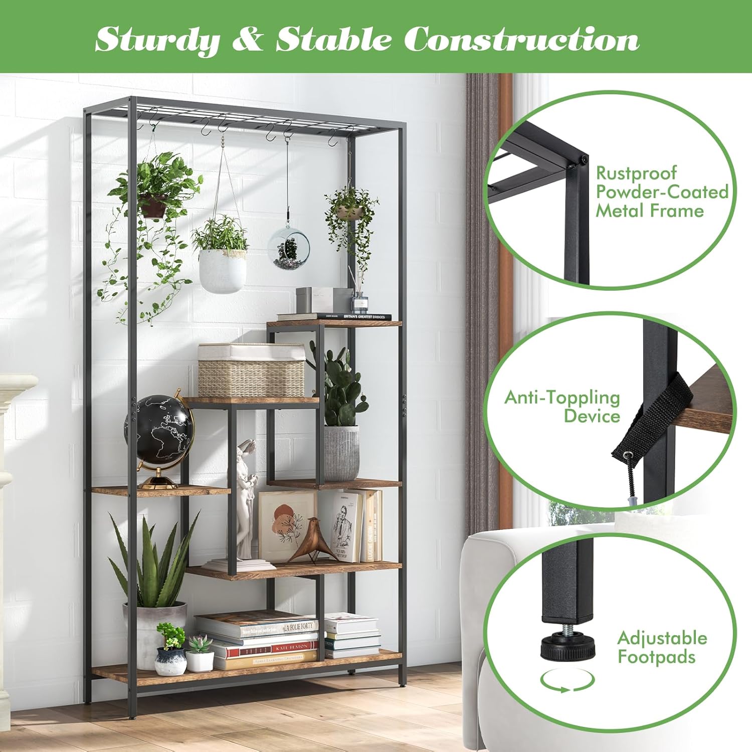 Support pour Plantes Intérieur à 6 Niveaux, Présentoir pour Pots de Fleurs 100x30x180cm , 10 Crochets, Étagère à Fleur Style Industriel, Marron - 6