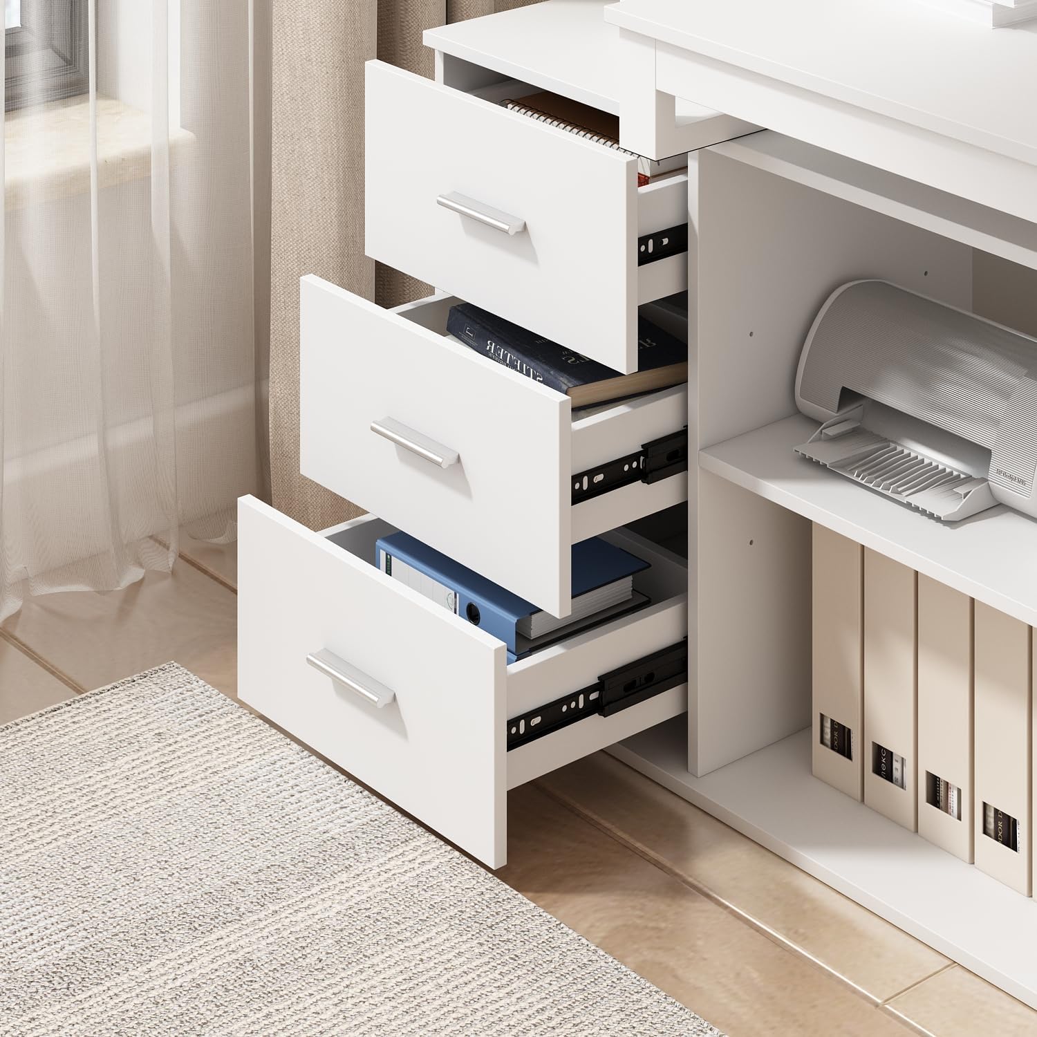 Bureau d'angle en Forme de L Bureau informatique 2 étagères pieds en acier Blanc 130x57x75cm - 4