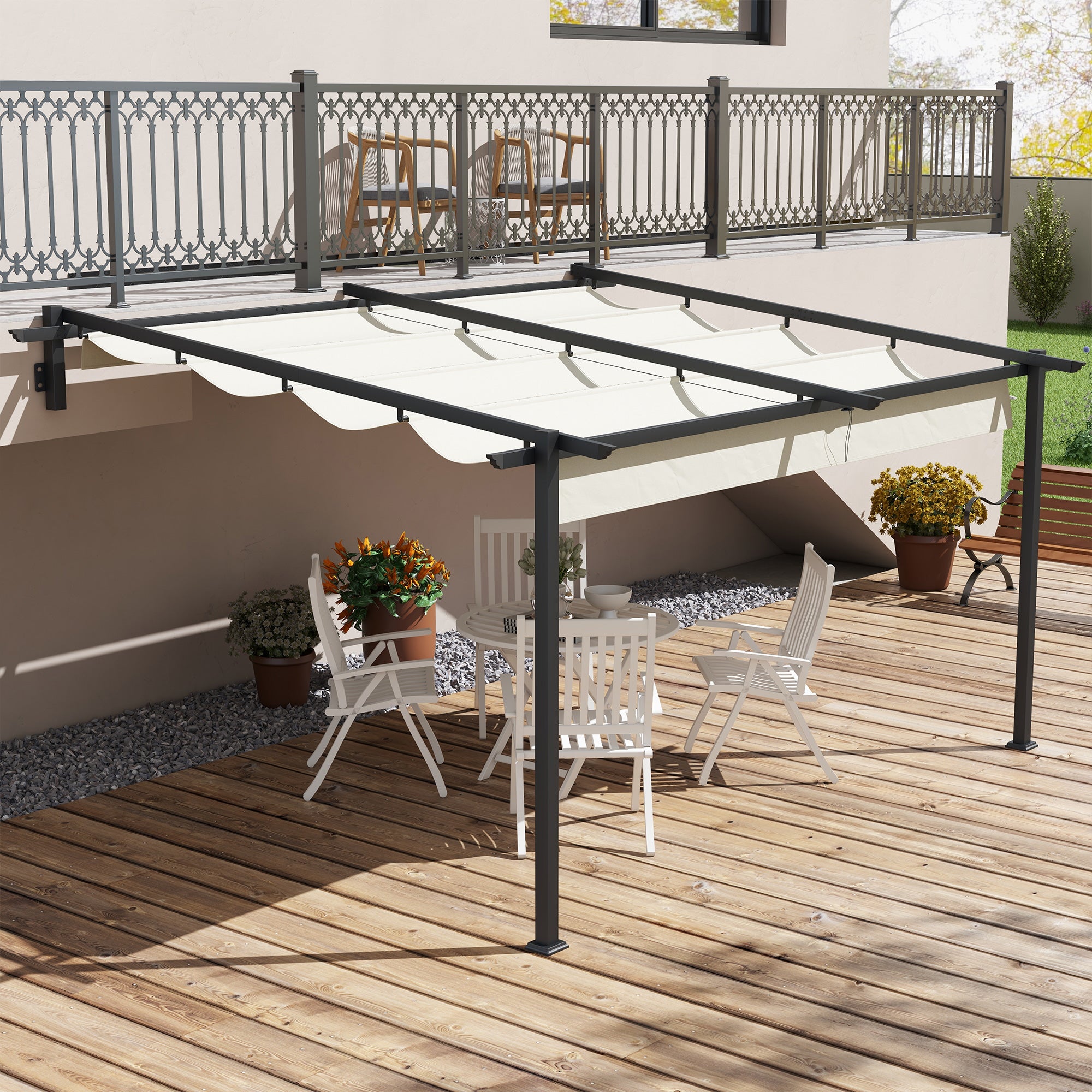 Pérgola Outsunny Acero, Poliéster Crema 397x297x230 cm - 2
